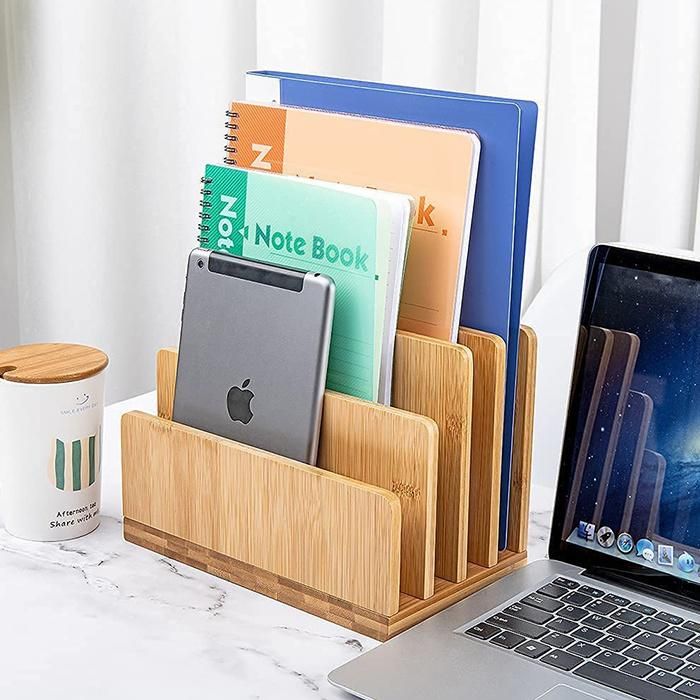 100% Bamboo Desk File Mail Organizer Countertop, Stahala 4 Slots Wood Desktop File Folder Sorter Holder Organizer for Document