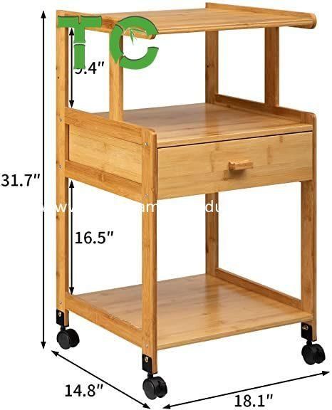 3-Tiers Mobile Printer Stand Holder with Drawer, Rolling Cart with Wheels, Bamboo Rack for Home and Office