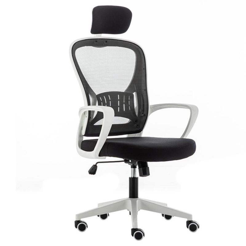 White Armrest Swivel Mesh Chair with Headrest for Office