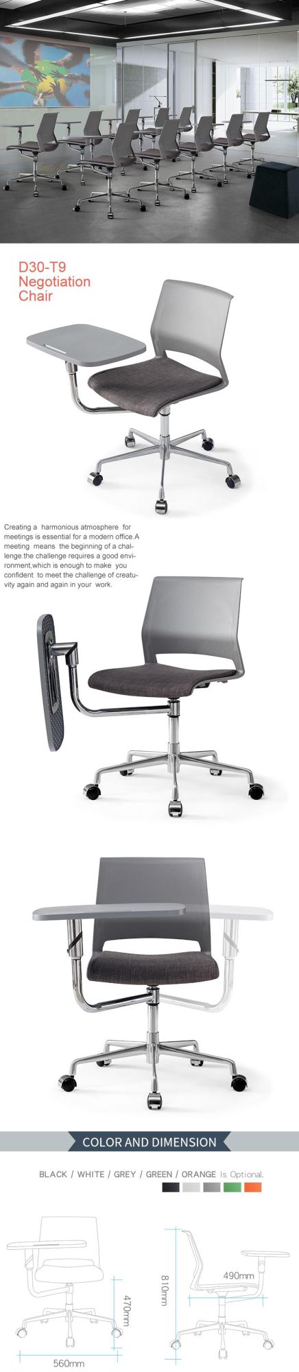 Plastic Metal Training School Chair with Writing Pad and Wheel