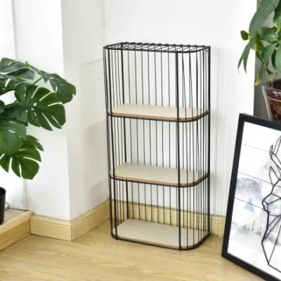 Fashion Metal Rack Living Room Furniture Black Iron Shelf with Wooden Board