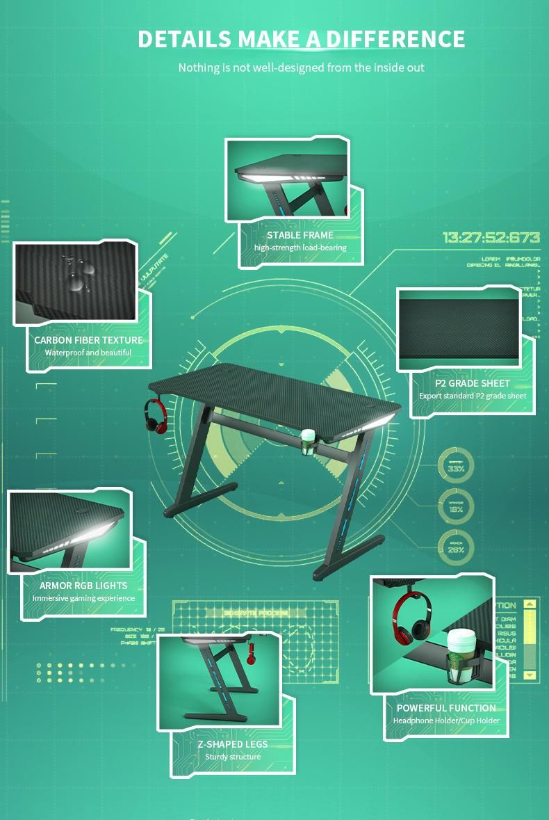 Elites RGB Light and Headphone Hook Included Gaming Table E-Sports PC Gaming Desk