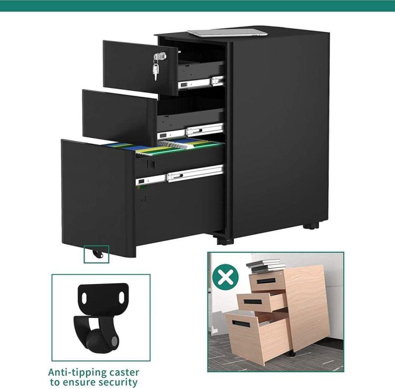 Pft 3-Drawer Metal Filing Cabinet Office Drawers with Keys, Compact Slim Po