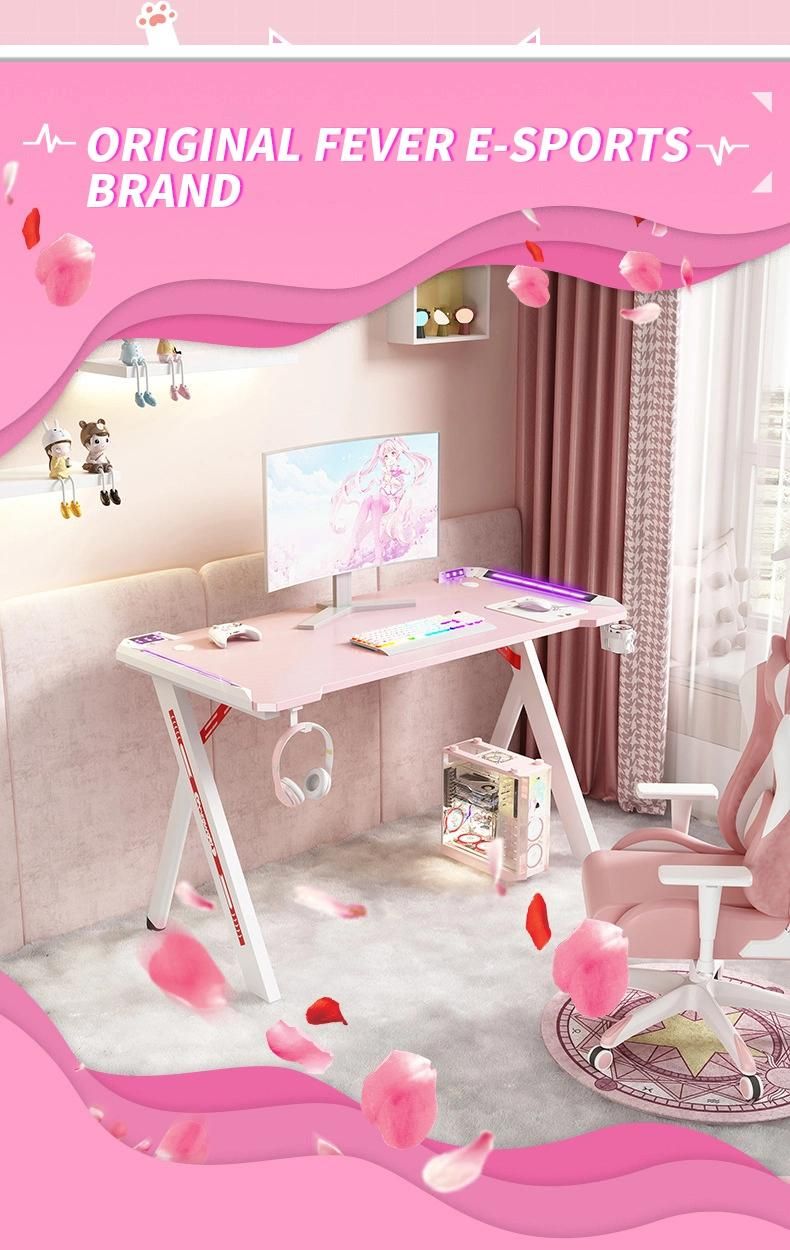 Elites Hot Sale Pink Series Customize Logo Gaming Desk with RGB Light Computer Table Gaming Desk