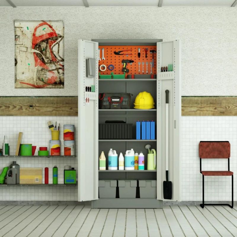 Metal Tool Storage Cabinet - Multifunctional Garage Storage Closet with Doors for Garage, Warehouse, Workshop, Adjustable Shelf Height and Leg Levelers