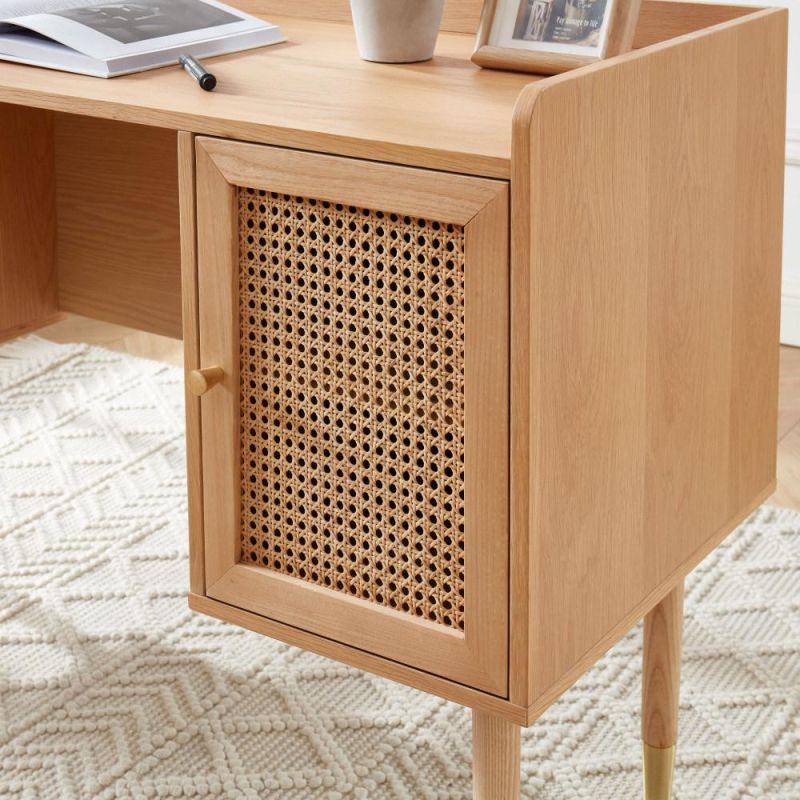 Nova High Quality Solid Wood Rattan Office Desk Modern Living Room Furniture Study Table with 2 Cabinet