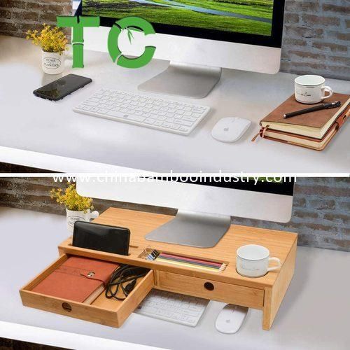 Bamboo Monitor Stand Riser with 2 Drawers, Desk Organizer Laptop Stand with Keyboard Storage,