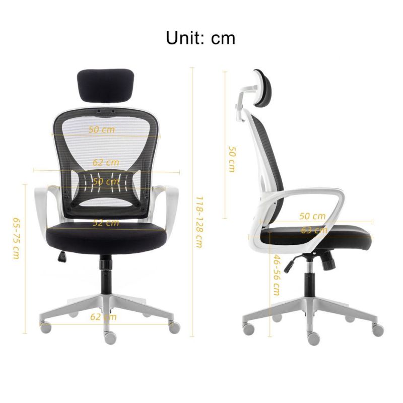 White Armrest Swivel Mesh Chair with Headrest for Office