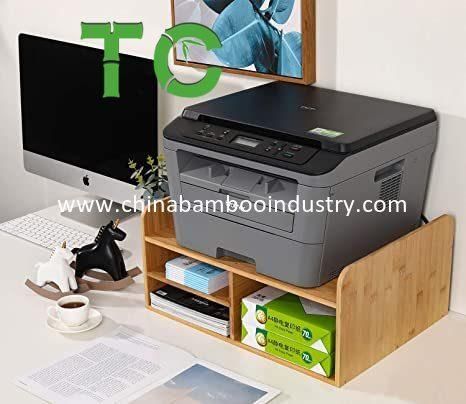 Bamboo Printer Stand with 3 Compartments Workspace Storage Organizer Desktop Printer Stand Countertop Storage Rack