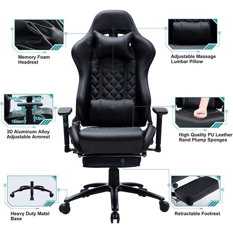 Massage Ergonomic Gaming Chair with Footrest Black