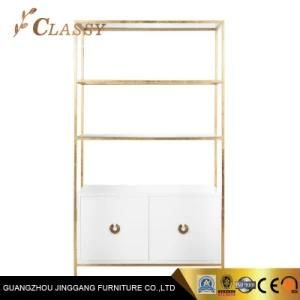 White Lacquered Bookcases Cabinet in Gold Stainless Steel Frame with Mirrored Face