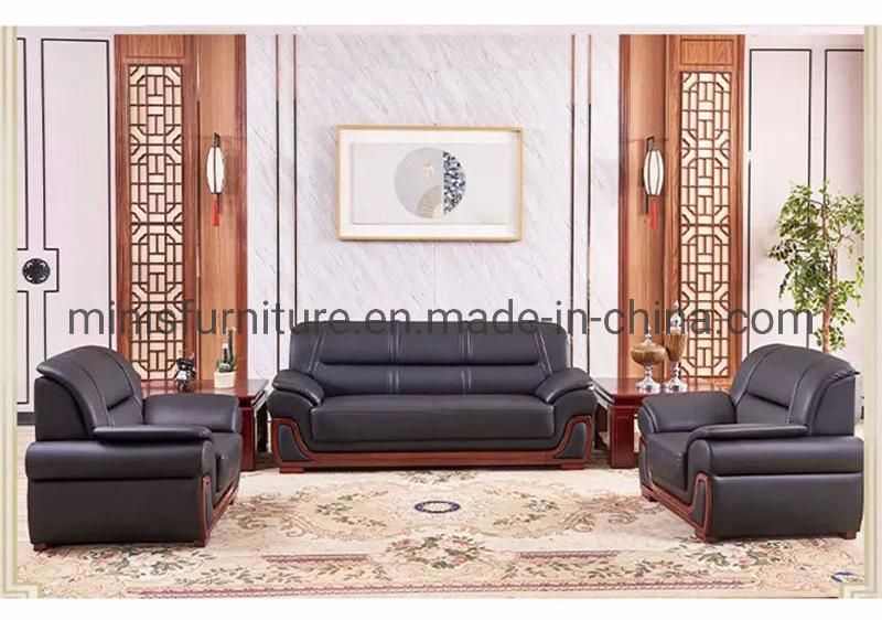 (M-SF13) Office Furniture Wood Frame Black Leather Sofa Set Including Coffee Table