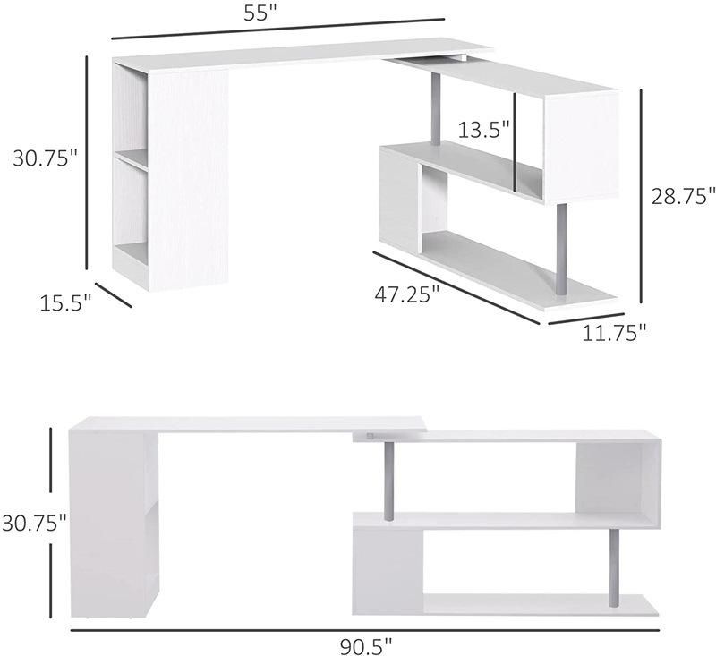 White 360 Rotating Corner Computer Desk Modern L-Shaped Home Office Workstation with 3-Tier Storage Shelves