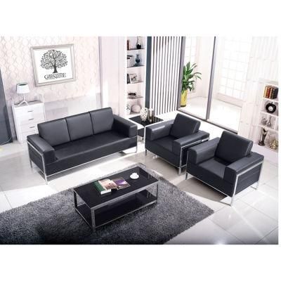 Black Color Genuine Leather Office Reception Sofa with Stainless Steel Frame