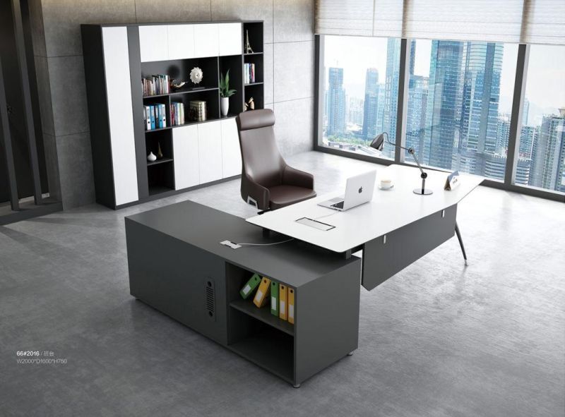 L-Shape Modern Melamine Office Furniture Wooden Executive Manager Table with Metal Legs
