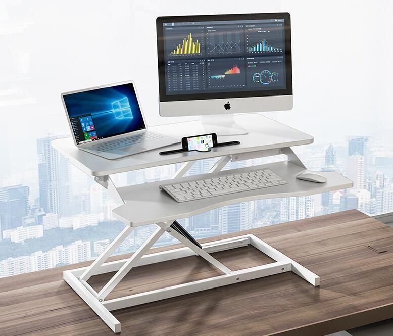 Desk Converter, Height Adjustable Riser, Sit to Stand Dual Monitor and Laptop Workstation with Wide Keyboard Tray