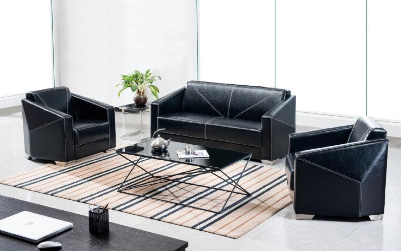 Good Quality Black Leather Commercial Office Couch Sofa Set with Metal Legs