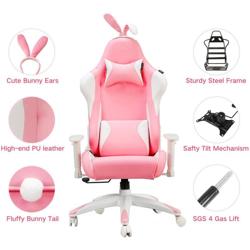 Gaming Chair Pink Cute Girl-Friendly Office Swivel Leather Chair