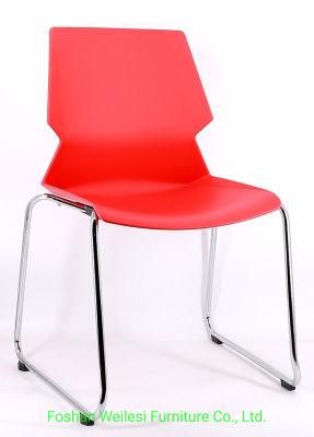 Chrome Sled Frame Red Color Plastic Seat and Back Can Be Stackable Visitor Chair