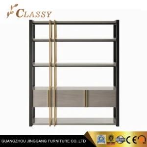 Black Painted and Golden Stainless Steel Shelf with Veneer Cabinet