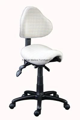 White Color Fabric Upholstery Three Lever Function Mechanism Black PU Seat and Back Nylon Base with Caster Saddle Indulstrial Saddle Chair