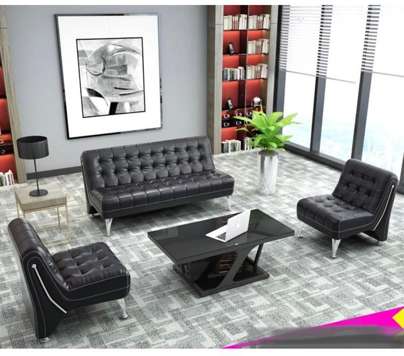 (M-SF22) Office Living Room Furniture Real Leather/PU Black Leather Simple Lazy Design Sofa Set