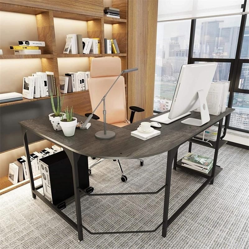 Reversible L Shaped Desk with Shelves Round Corner Computer Desk Gaming Table Workstation for Home Office