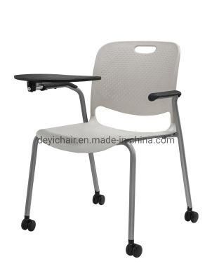 White Color Plastic Shell with Writing Pad Chromed Finished 4 Legs Frame Stool with Seat Cushion Chair with Casters