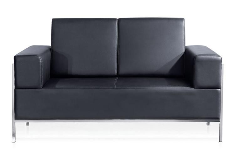 Black Color Genuine Leather Office Reception Sofa with Stainless Steel Frame