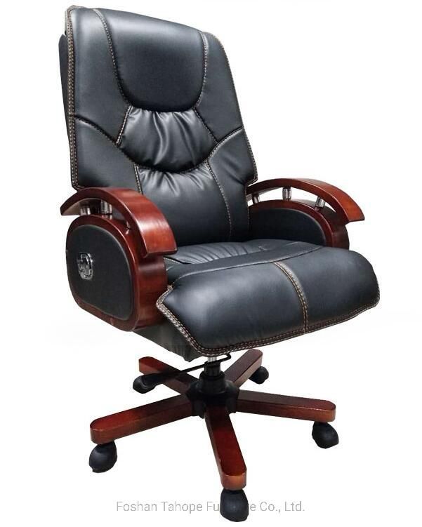 Factory PU Leather High Back Swivel Executive Manager Office Chair with Wooden Armrest