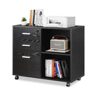 3-Drawer Wood File Cabinet Mobile Lateral Filing Cabinet Printer Stand with Open Storage Shelves for Home Office with Lock