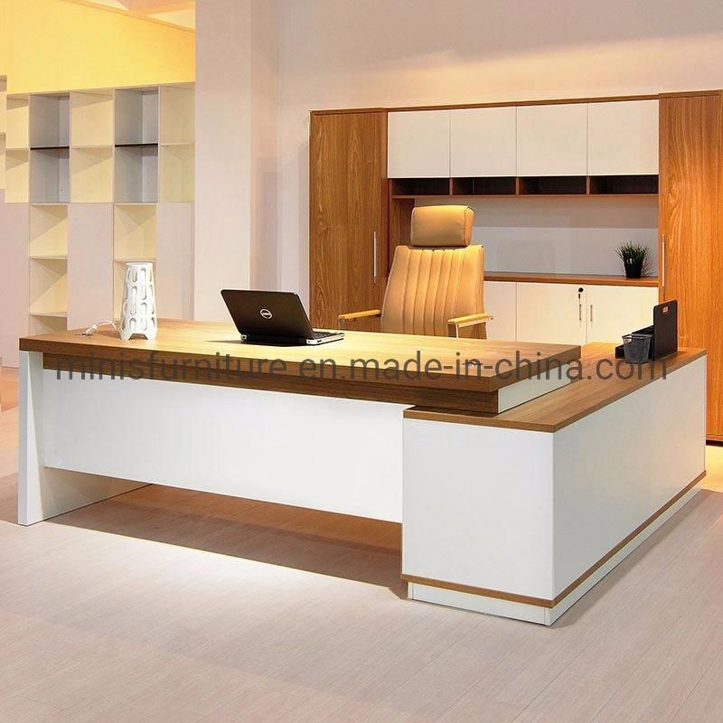 (M-OD1195) Foshan Custom Color Office Furniture Boss Executive L-Shaped Office Desk with Shelves