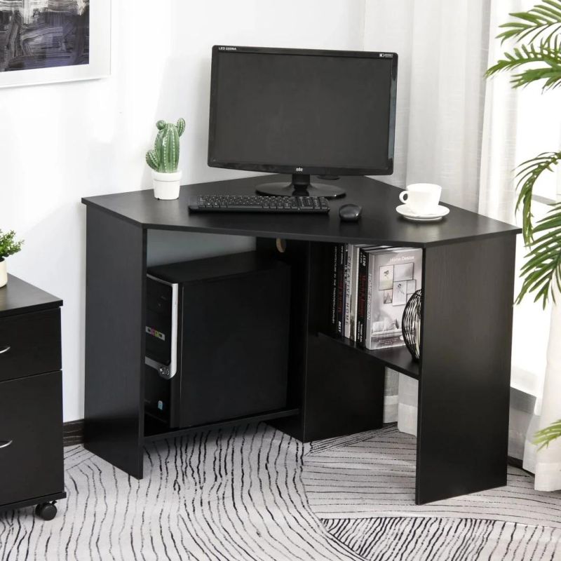 Modern Indoor Corner Laptop Desk W/ Multiple Shelf Design & Strong Build Black