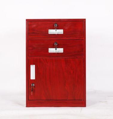 Cherry Wood Color Three Drawer Metal Bedside Cabinet