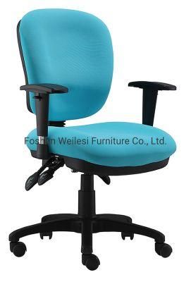 Blue Color Low Back 3 Lever Light Duty Mechanism with PU Height Adjustable Armrest Nylon Base and Castors Without Headrest Fabric Chair