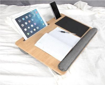 Wholesale Portable Bamboo Laptop Stand Wooden Lap Tray Bed Sofa Desk with Soft Pillow Cushion Computer Desk with Phone Slot Pad Slot