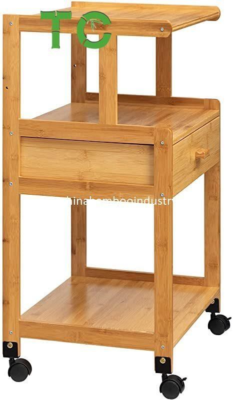 3-Tiers Mobile Printer Stand Holder with Drawer, Rolling Cart with Wheels, Bamboo Rack for Home and Office