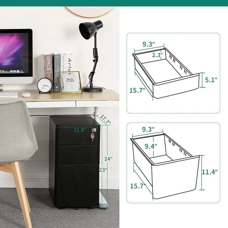 Pft 3-Drawer Metal Filing Cabinet Office Drawers with Keys, Compact Slim Po