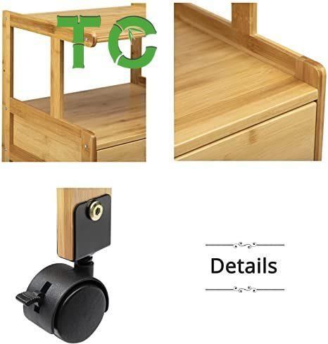 3-Tiers Mobile Printer Stand Holder with Drawer, Rolling Cart with Wheels, Bamboo Rack for Home and Office