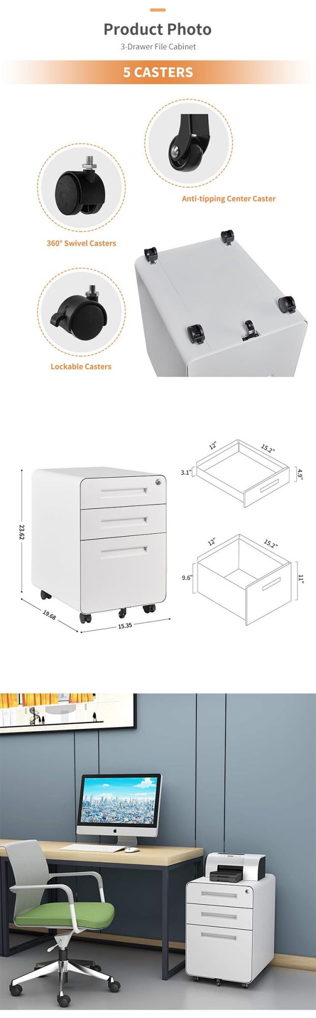 Modern Style Stockpile Curve File Cabinet 3 Drawers Mobile Pedestal
