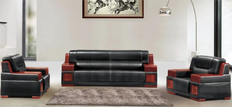 China Sofa Furniture Solid Wood Frame Black Leather Office Sofa Set
