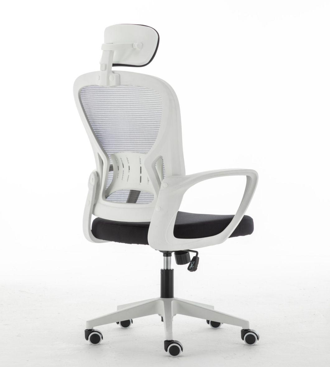 White Armrest Swivel Mesh Chair with Headrest for Office