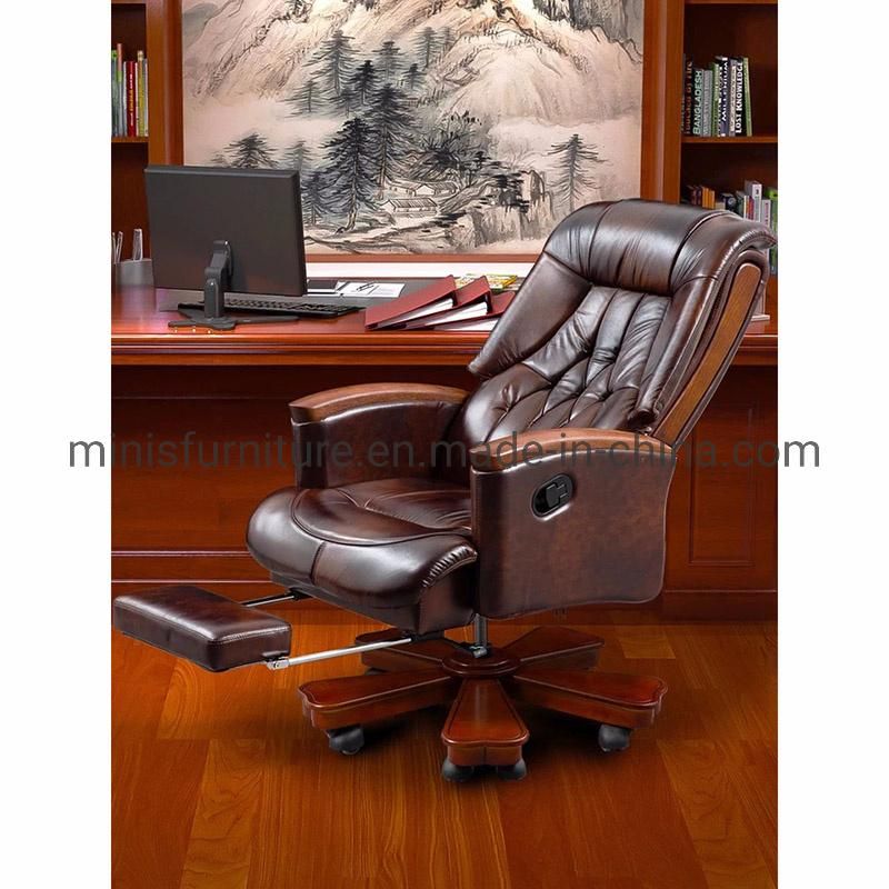 (M-OC296) CEO Office Executive Furniture Cow Leather Swivel Chair with Wood Arms and Footstool