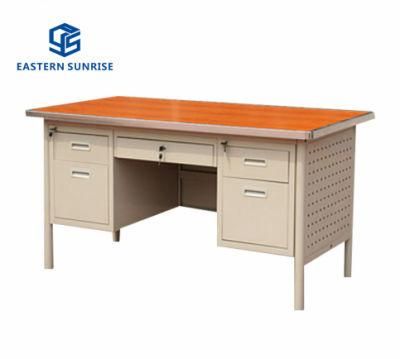 Wood and Steel Office Computer Desk with Many Storage Drawers