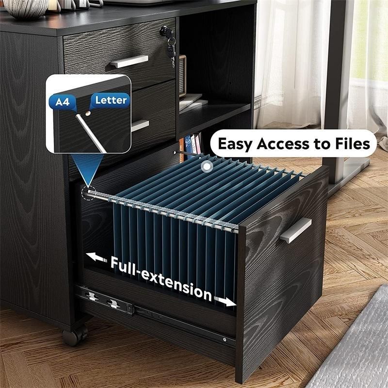 3-Drawer Wood File Cabinet Mobile Lateral Filing Cabinet Printer Stand with Open Storage Shelves for Home Office with Lock