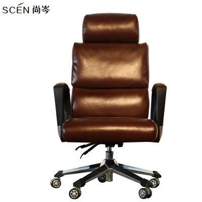 Fashionable Executive Swivel Ultra High Screw Gas Brown Leather Lift Office Chair