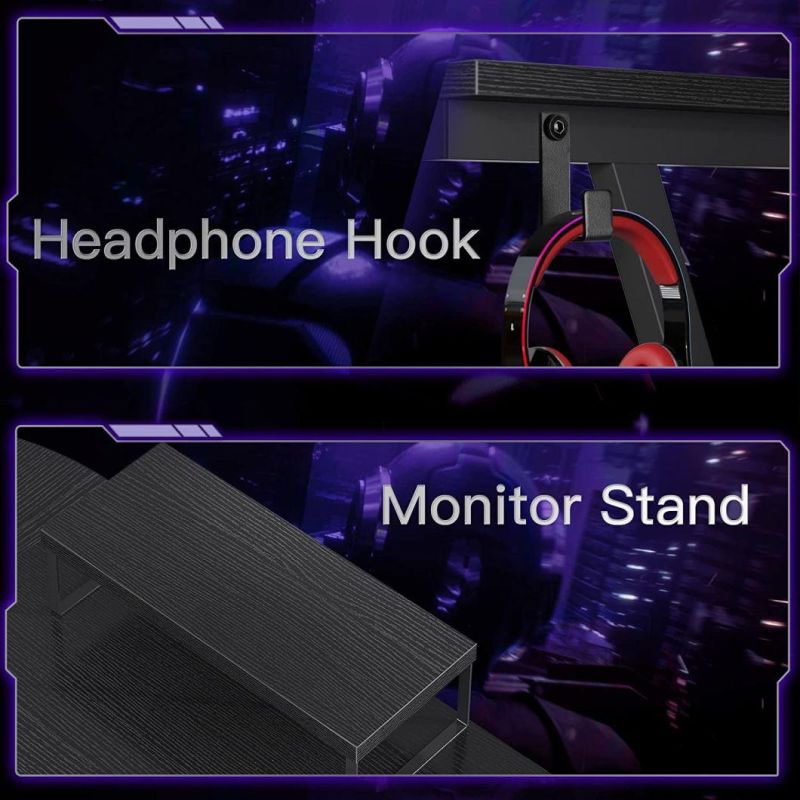 Computer Desk with Free Mouse Pad, Cup Holder& Headphone Hook & Controller Stand, Gamer Workstation for Home Office, Black