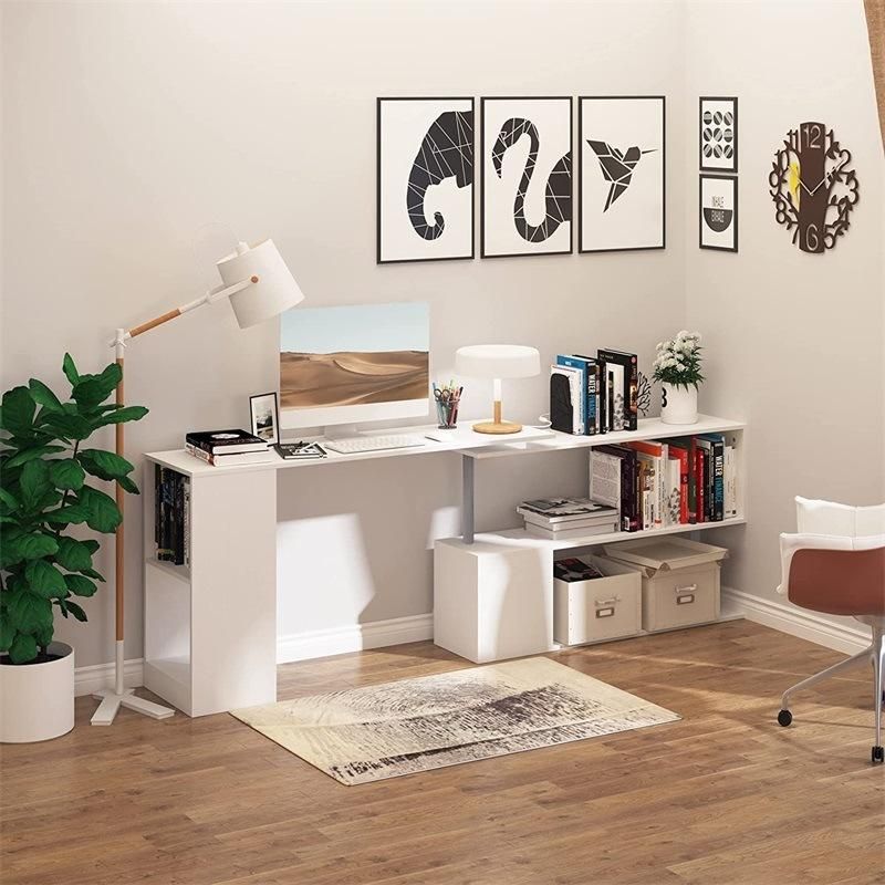 White 360 Rotating Corner Computer Desk Modern L-Shaped Home Office Workstation with 3-Tier Storage Shelves