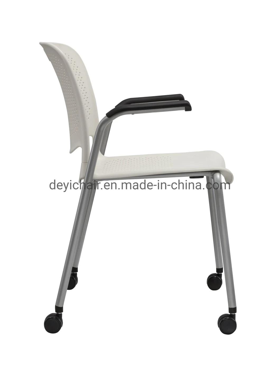 White Color with Seat Cushion Chromed Finished 4 Legs Frame Stool with Seat Cushion Plastic Shell Chair with Casters