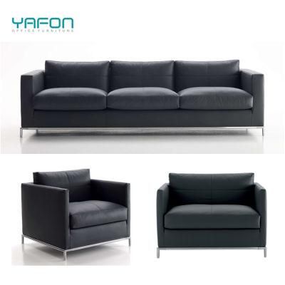 Stainless Steel Legs Business Sofa Set with Black Real Leather